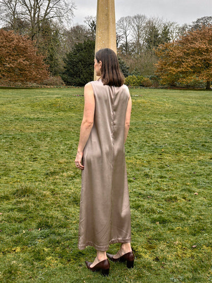 Sleeveless satin maxi dress in Mushroom, worn back view