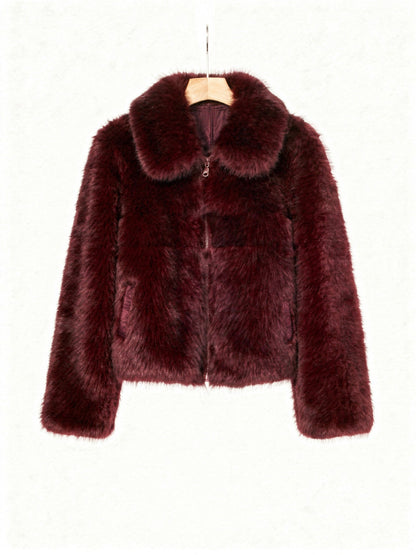 Burgundy faux fur jacket on a wooden hanger, front view with the centre zip closed
