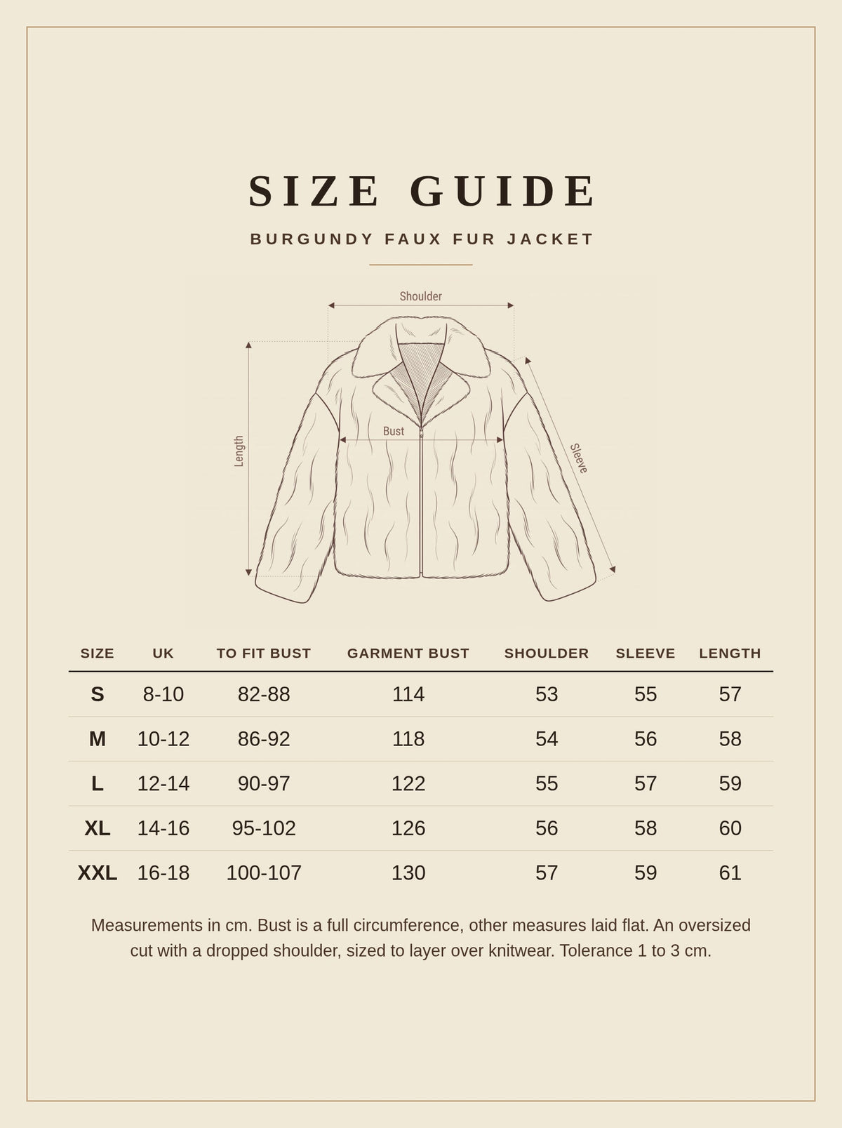 Size guide for the burgundy faux fur jacket, sizes S to XXL, UK 8 to 18