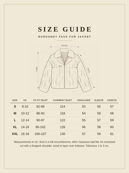 Size guide for the burgundy faux fur jacket, sizes S to XXL, UK 8 to 18