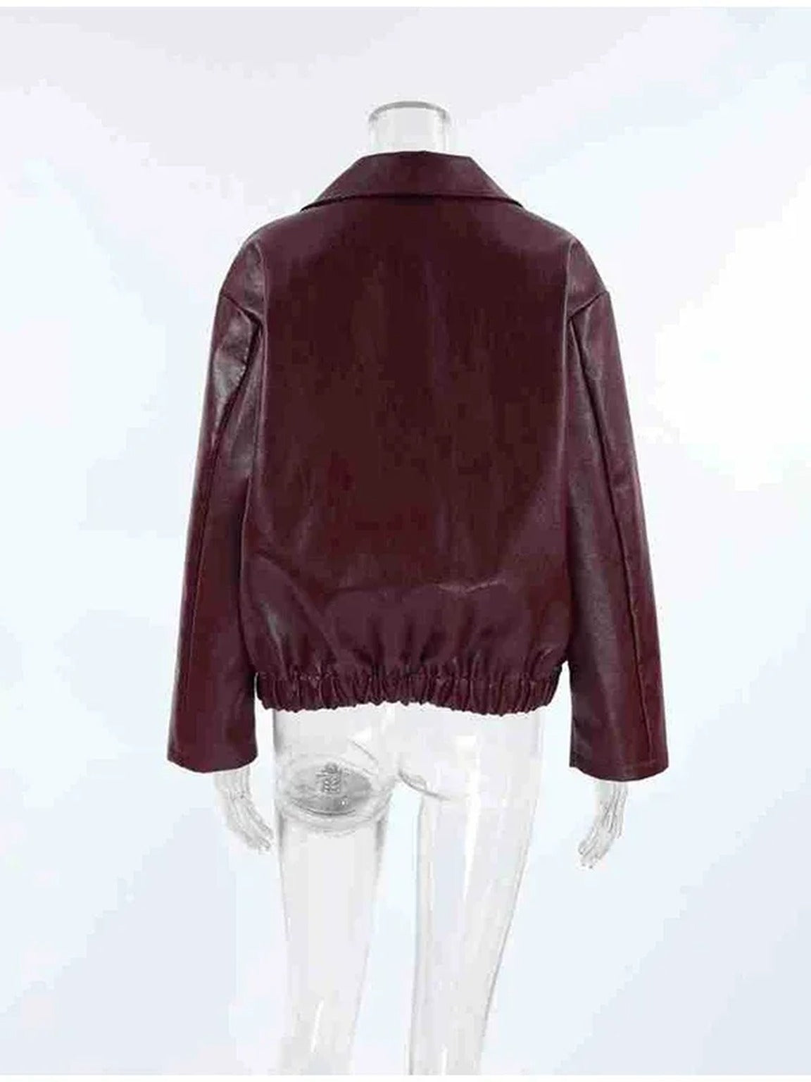 Burgundy faux leather jacket, back view showing the elasticated hem