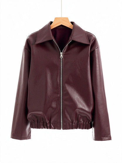 Burgundy faux leather jacket on a hanger, front view with the point collar