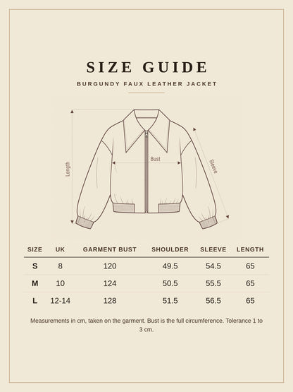 Size guide for the Hampnett burgundy faux leather jacket