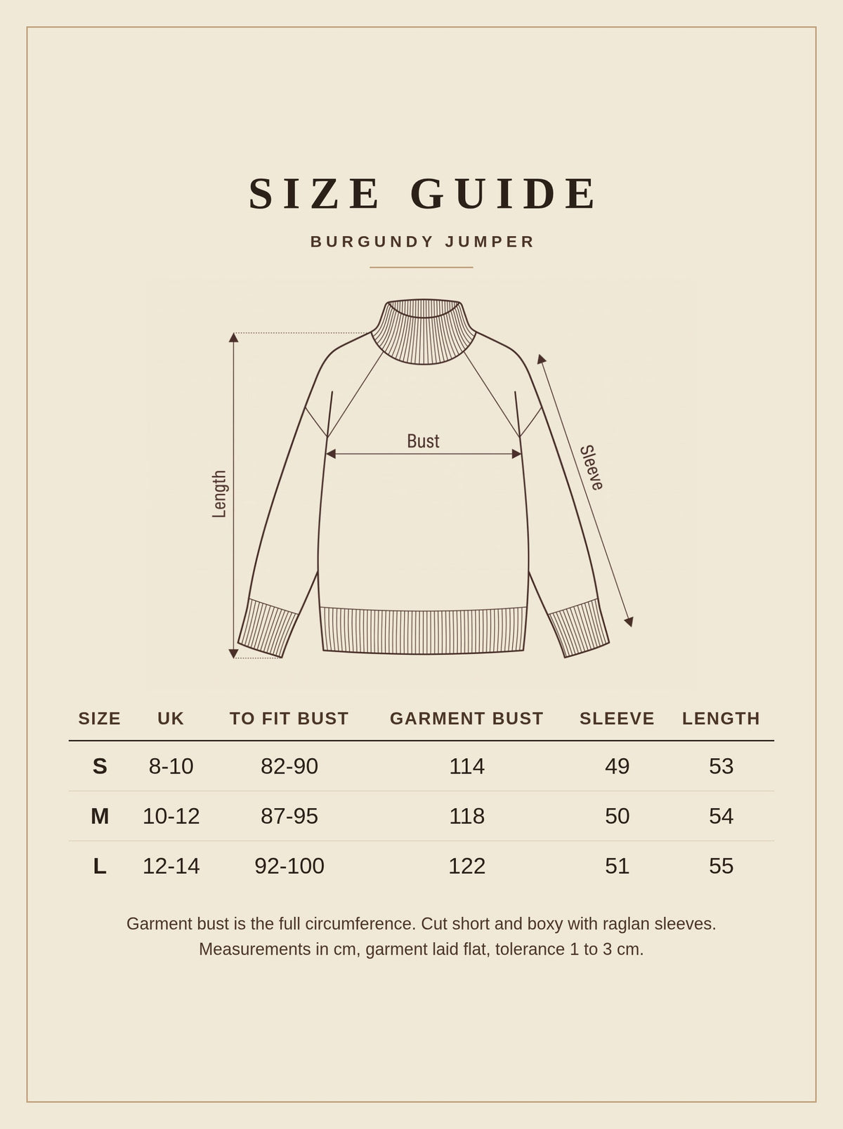 Size guide for the Fawsley burgundy jumper with measurements for UK 8 to 14
