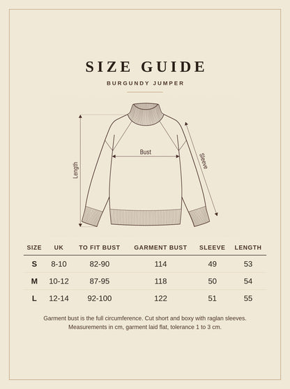 Size guide for the Fawsley burgundy jumper with measurements for UK 8 to 14