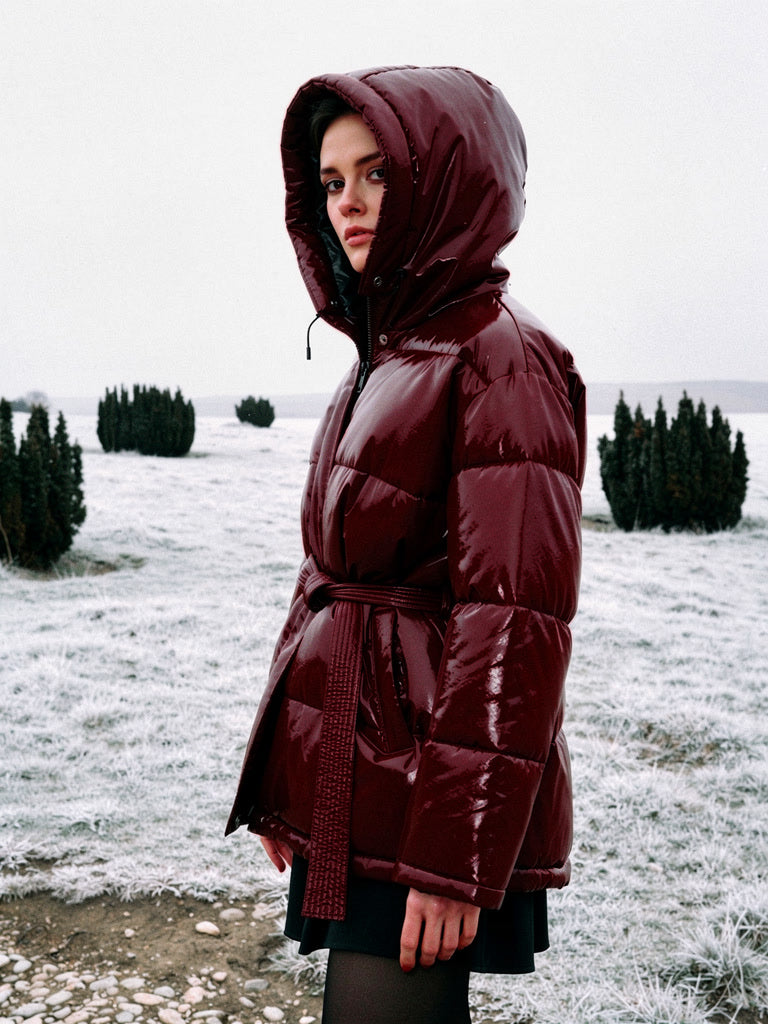 Burgundy puffer jacket in Rioja worn with the hood up
