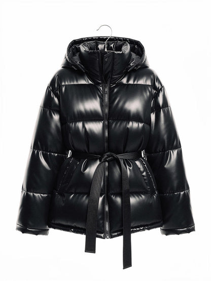 Puffer jacket in Jet black on a hanger, front view