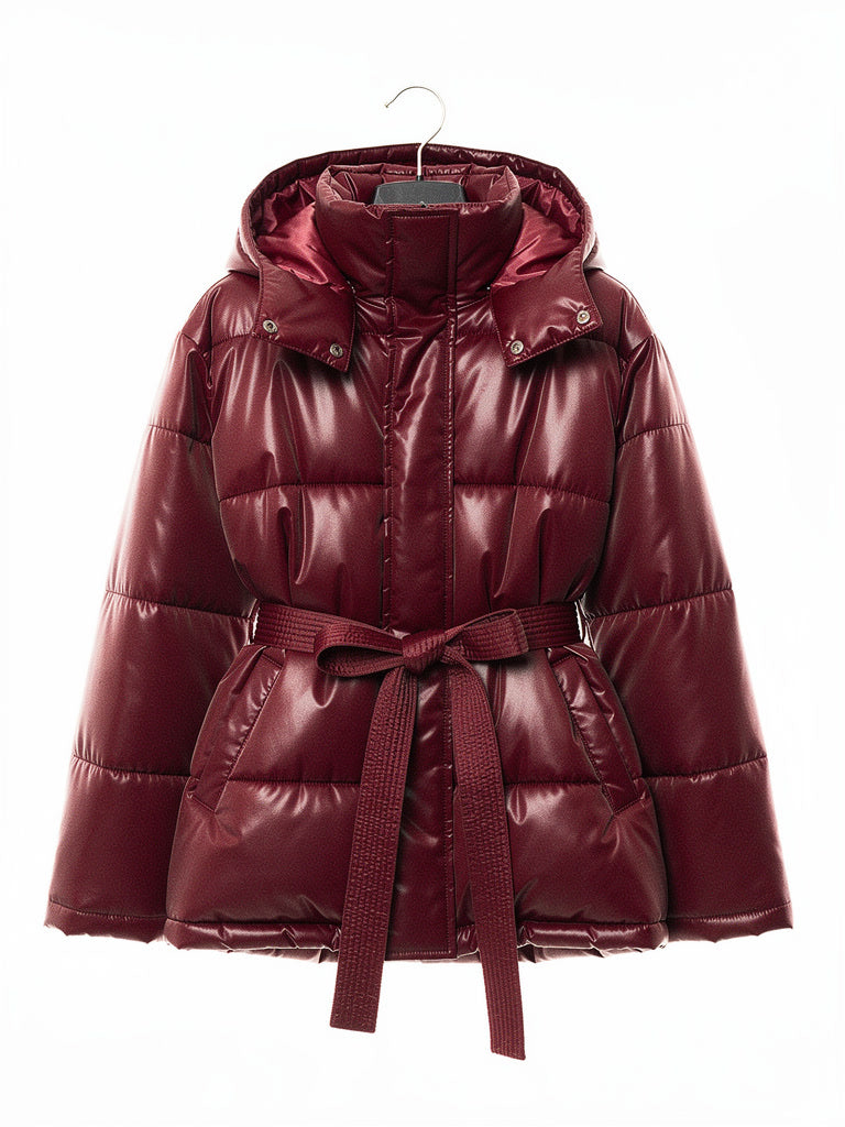 Burgundy puffer jacket in Rioja on a hanger, front view