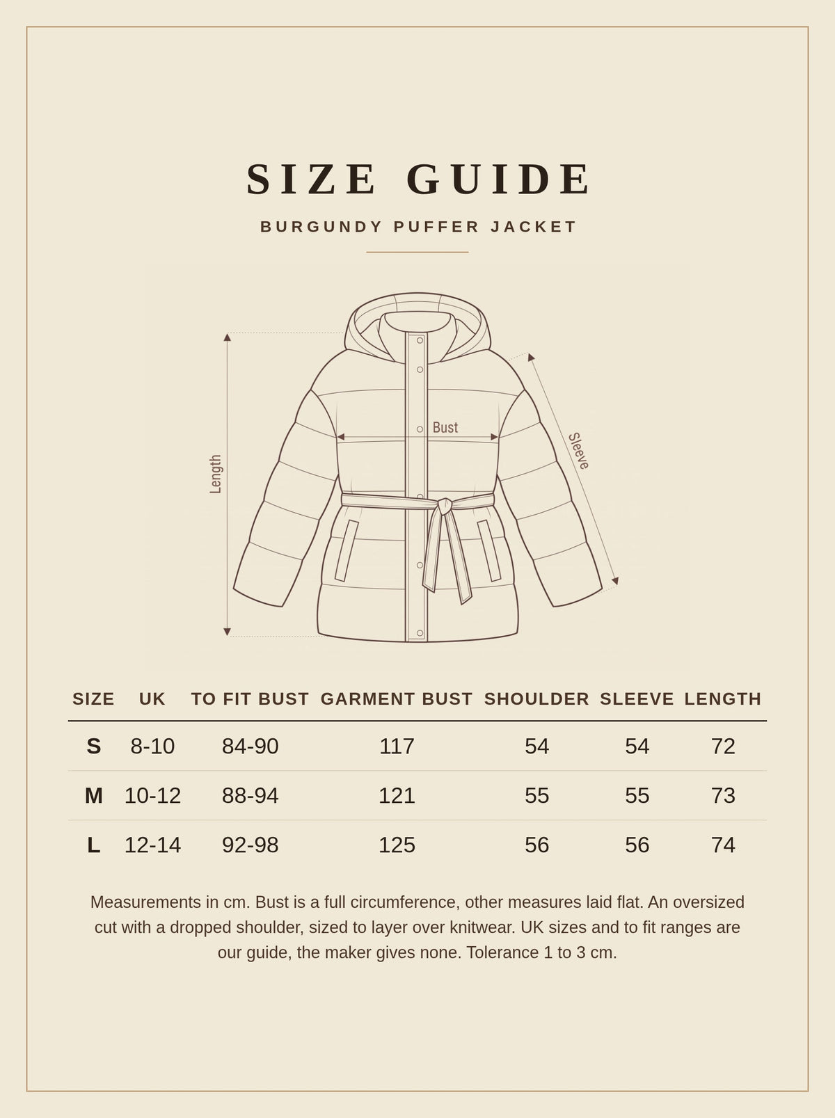 Size guide for the burgundy puffer jacket, measurements in cm