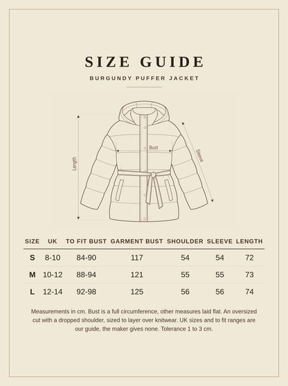 Size guide for the burgundy puffer jacket, measurements in cm