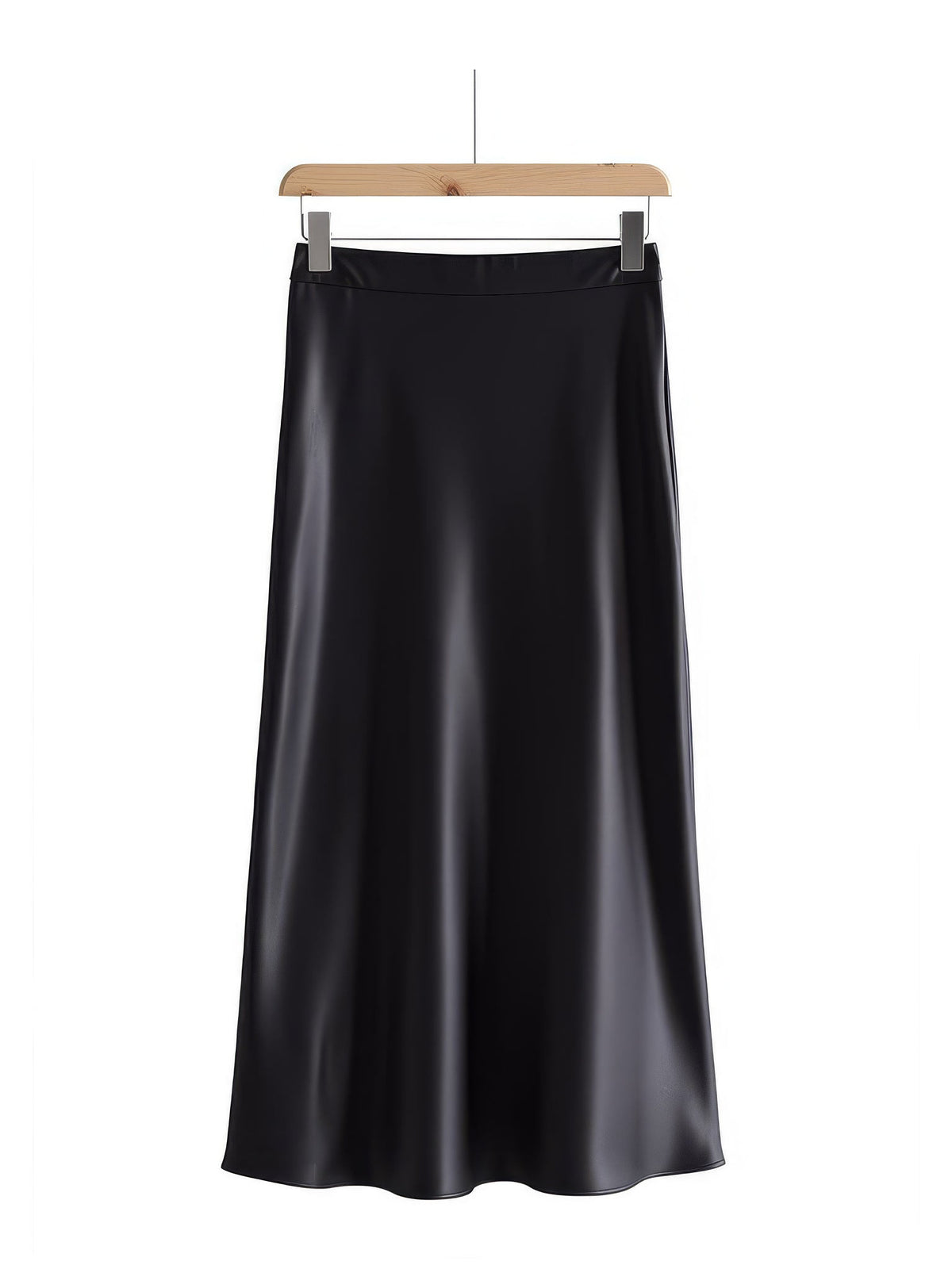 Black satin skirt on a hanger against a white studio background, the same high waisted bias cut A-line as the burgundy satin skirt