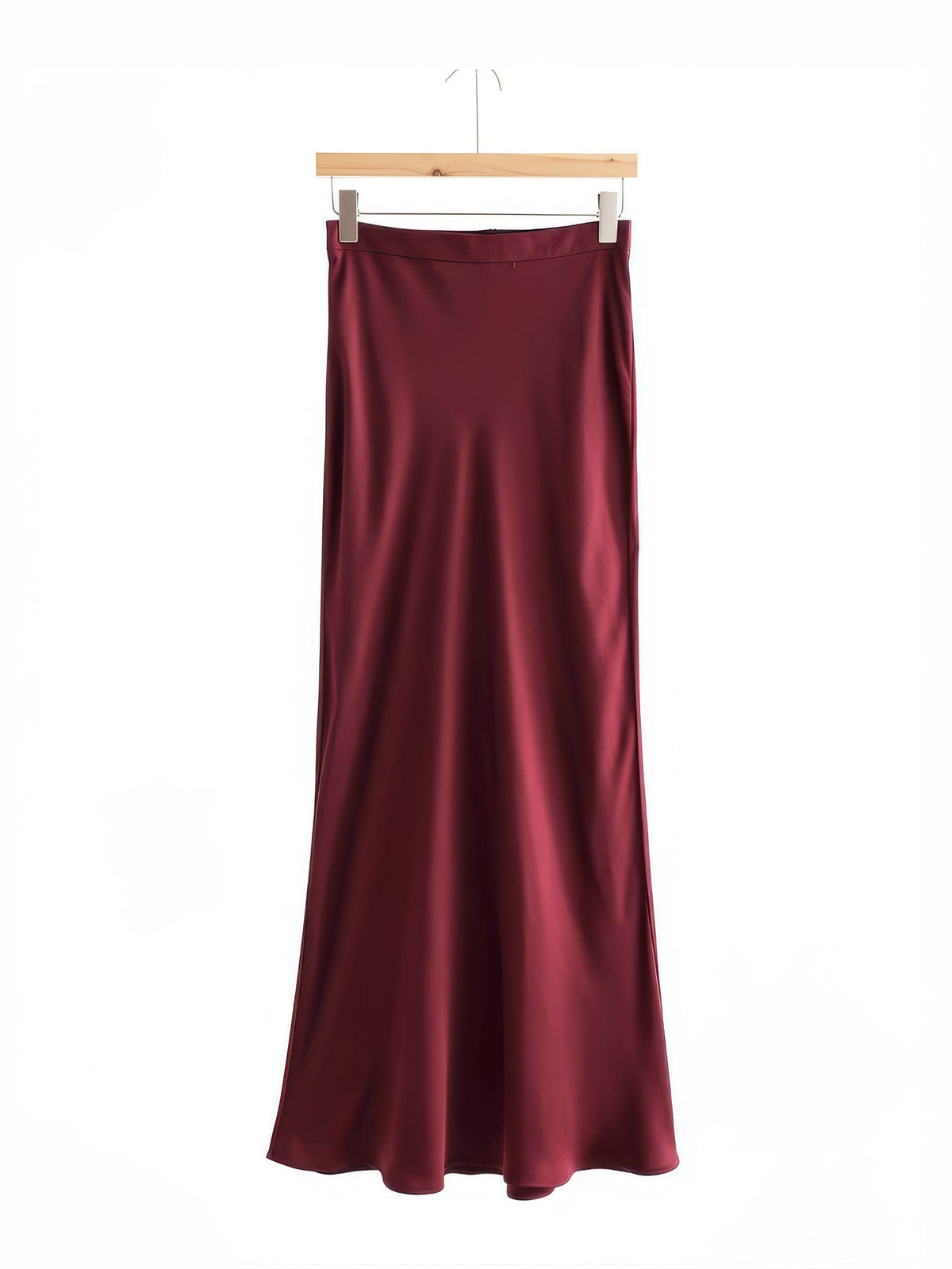 Burgundy satin skirt in Malbec wine red on a hanger against a white studio background, showing the plain high waistband and the continuous A-line hem