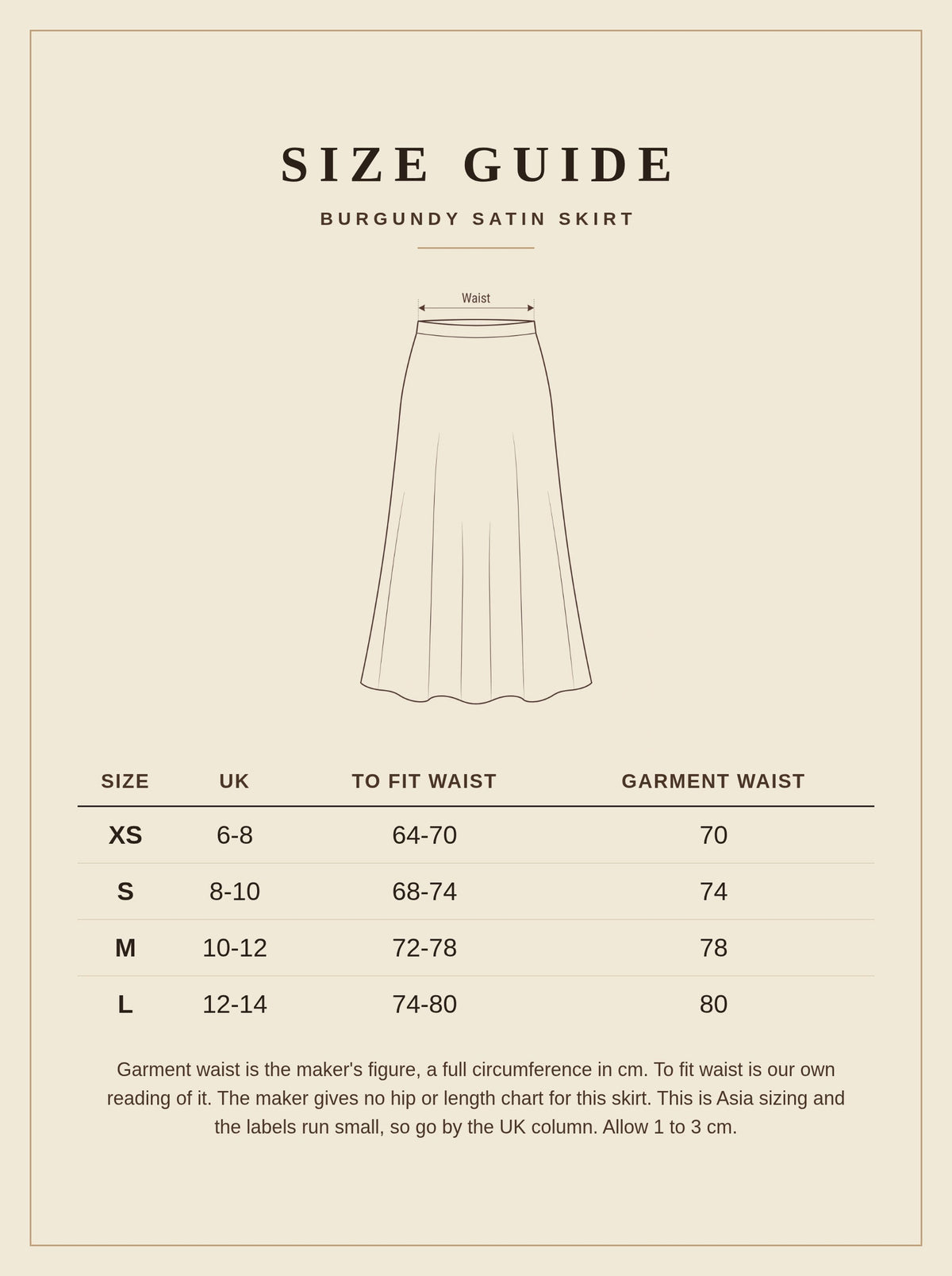 Size guide for the burgundy satin skirt, with UK sizes 6 to 14 and the garment waist in centimetres for sizes XS to L