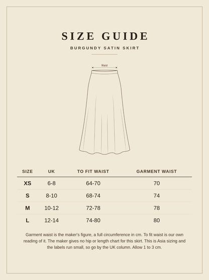 Size guide for the burgundy satin skirt, with UK sizes 6 to 14 and the garment waist in centimetres for sizes XS to L