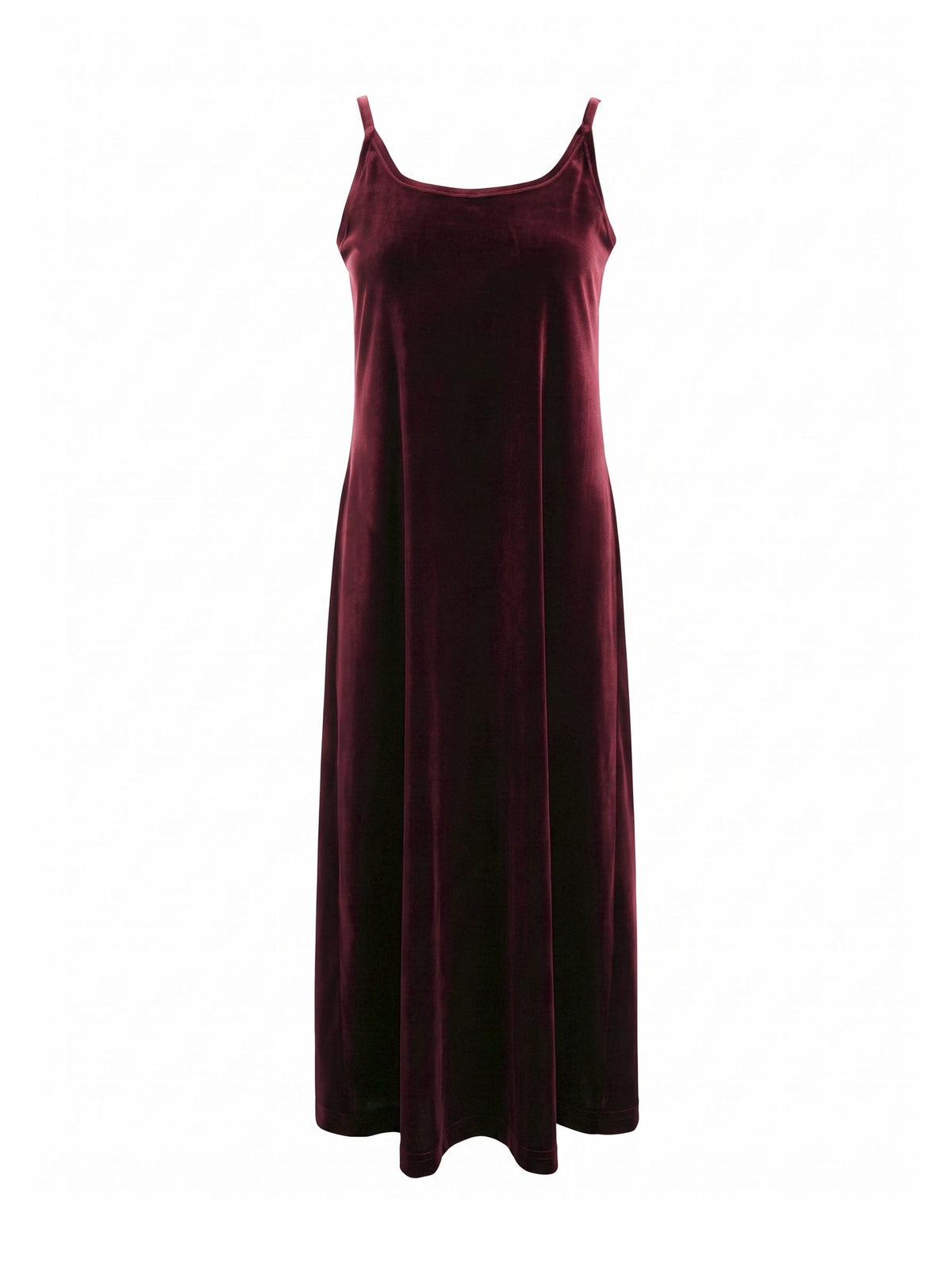 Burgundy velvet dress in Shiraz, front view showing the wide scoop neck and fine straps