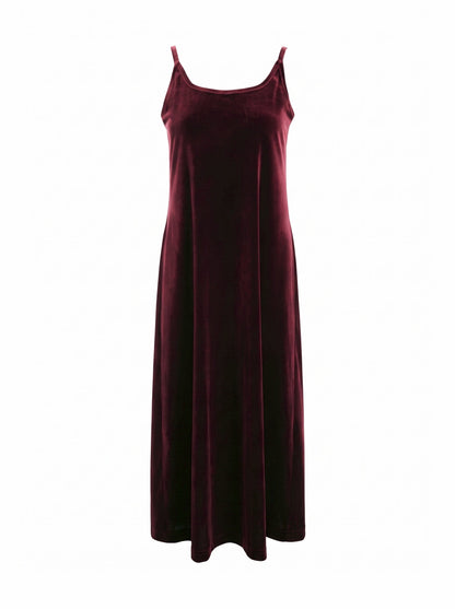 Burgundy velvet dress in Shiraz, front view showing the wide scoop neck and fine straps