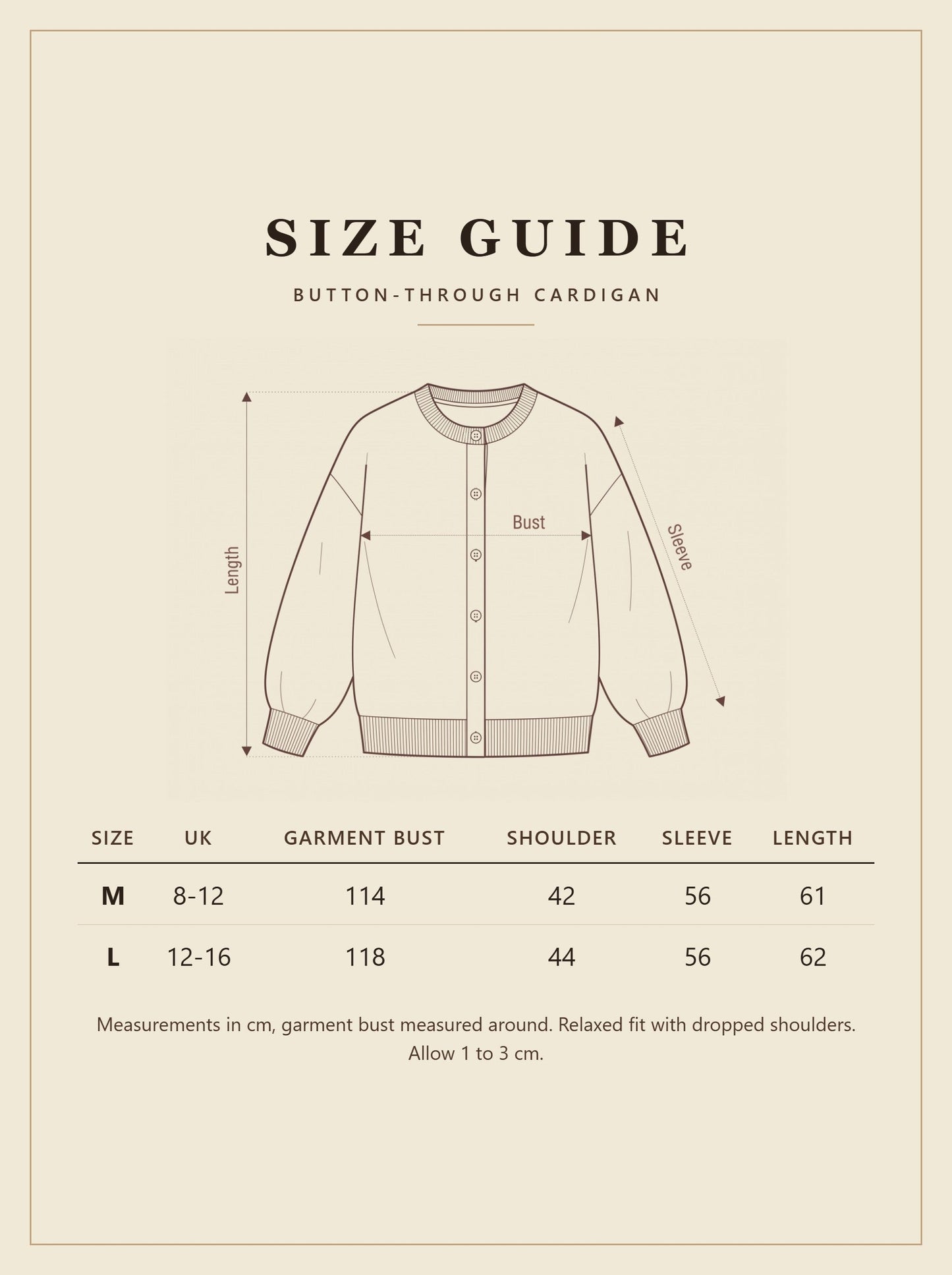 Size guide for the Painswick button-through cardigan with UK sizes and measurements in cm