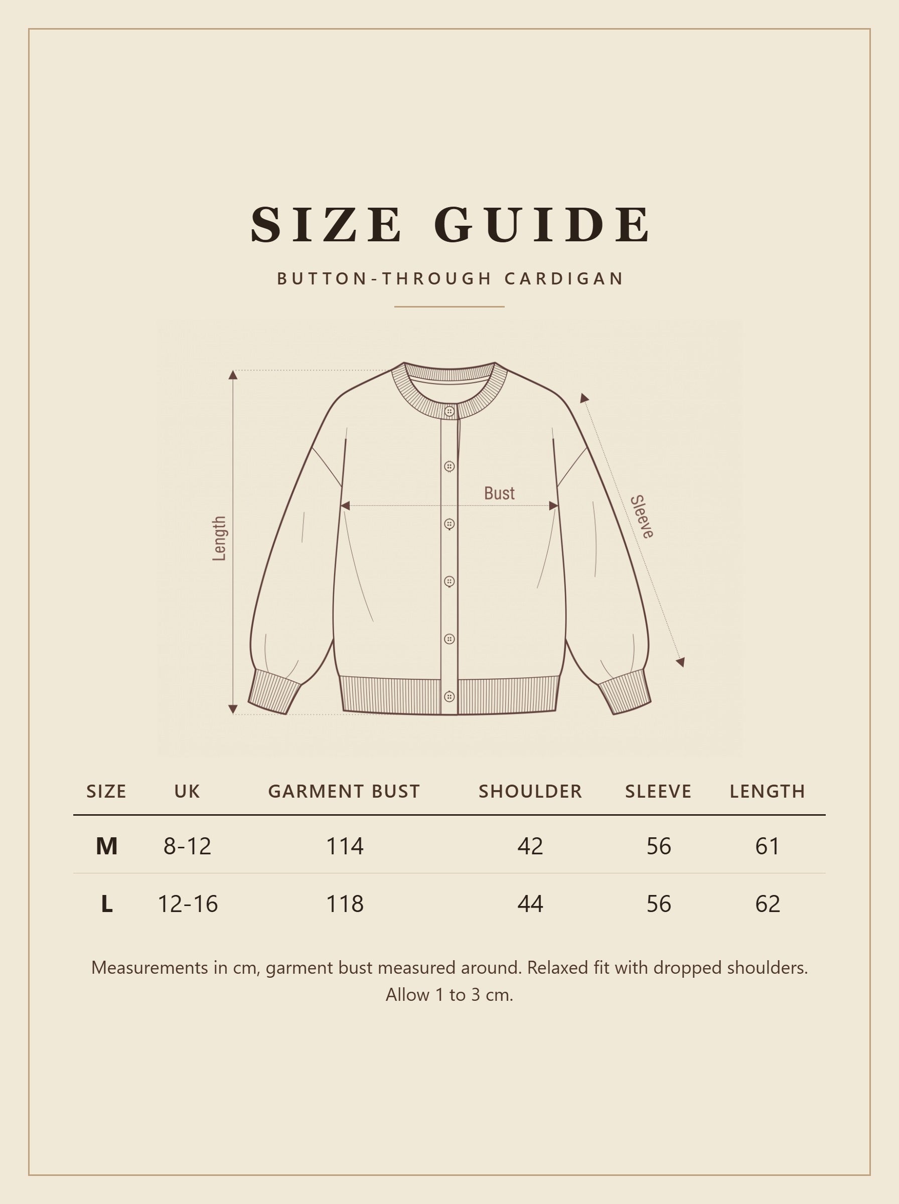 Size guide for the Painswick button-through cardigan with UK sizes and measurements in cm