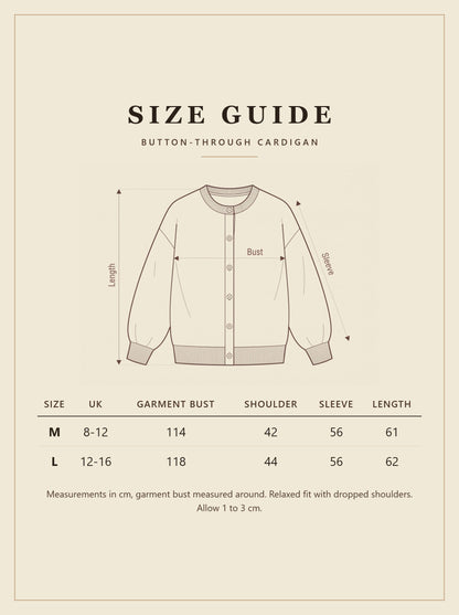 Size guide for the Painswick button-through cardigan with UK sizes and measurements in cm