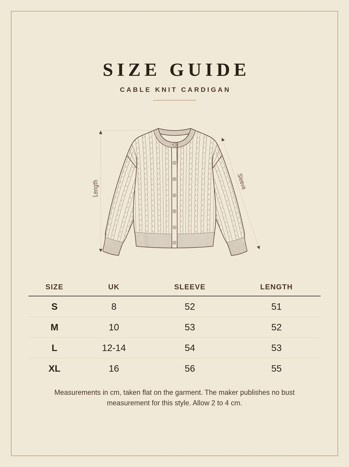 Size guide for the Oddington cable knit cardigan, UK 8 to 16