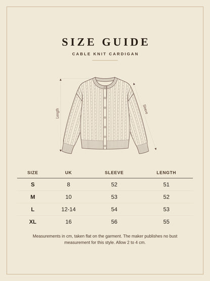 Size guide for the Oddington cable knit cardigan, UK 8 to 16