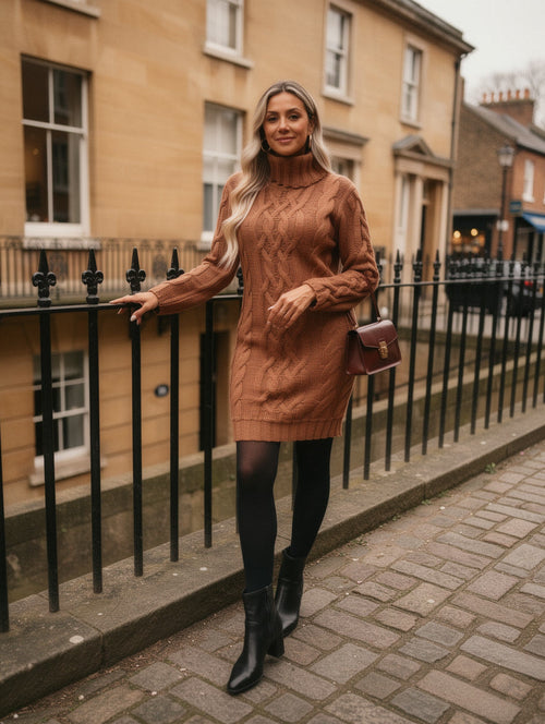 Woman wearing the caramel brown cable-knit roll-neck jumper dress with black tights and ankle boots