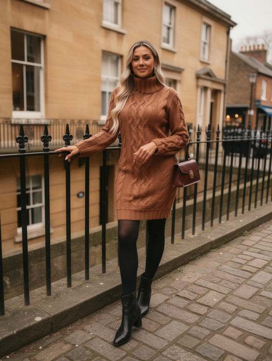 Woman wearing the caramel brown cable-knit roll-neck jumper dress with black tights and ankle boots