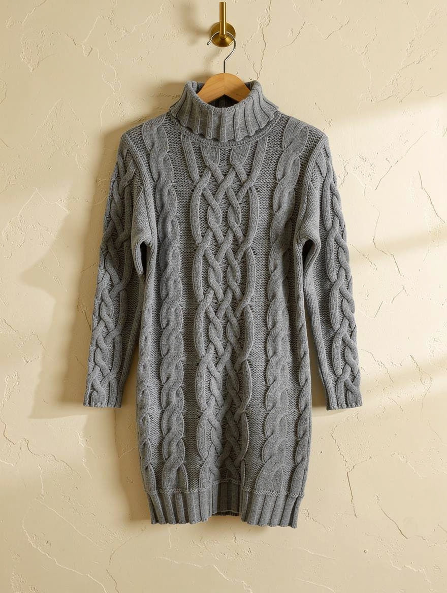 Dove grey cable-knit roll-neck jumper dress on a wooden hanger