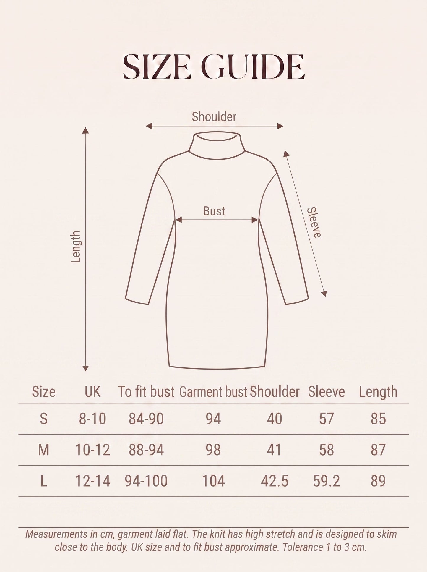 Size guide for the womens cable-knit roll-neck jumper dress with measurements in cm for sizes S to L