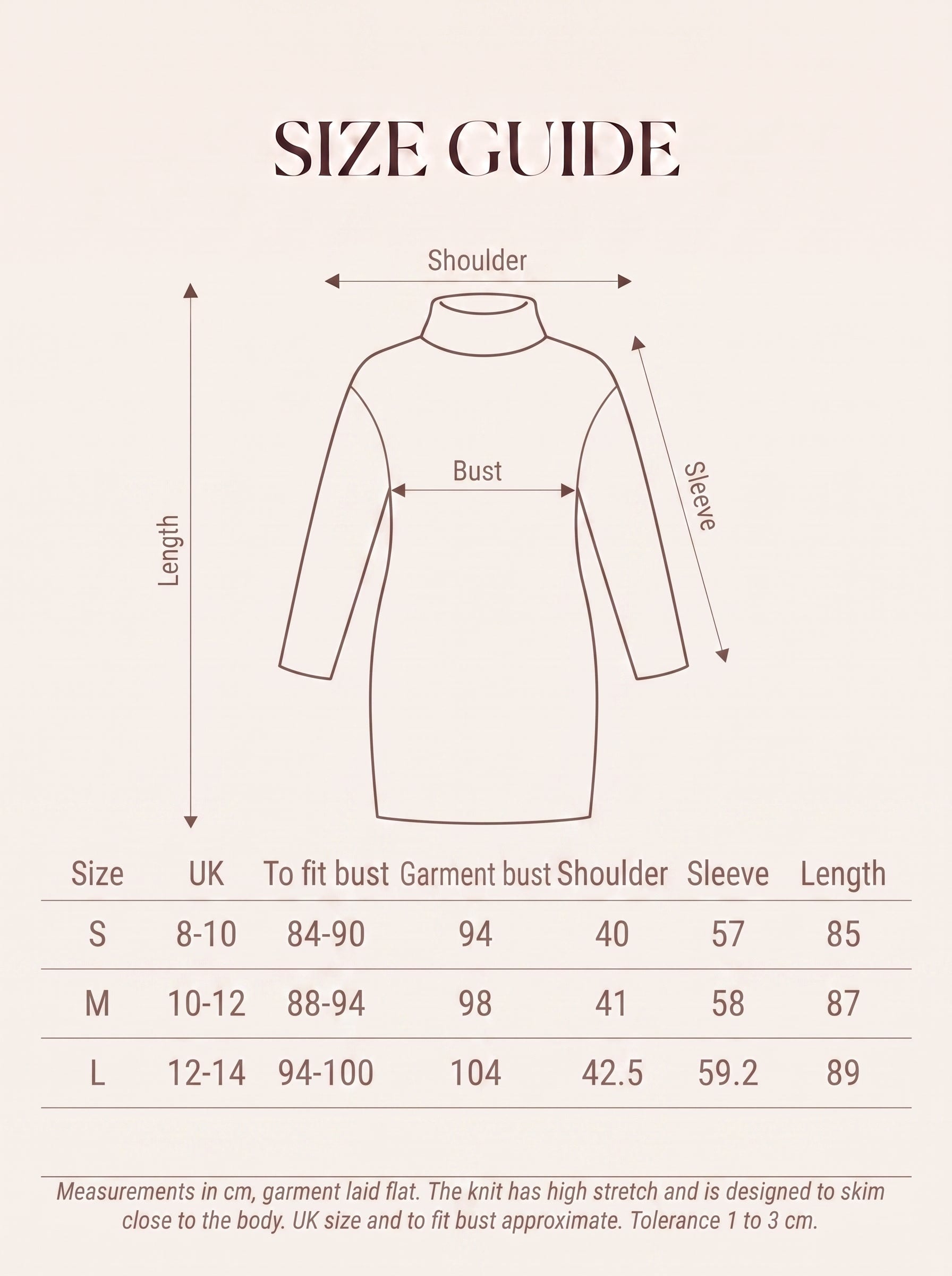 Size guide for the womens cable-knit roll-neck jumper dress with measurements in cm for sizes S to L