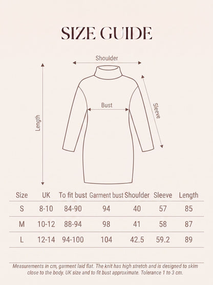 Size guide for the womens cable-knit roll-neck jumper dress with measurements in cm for sizes S to L