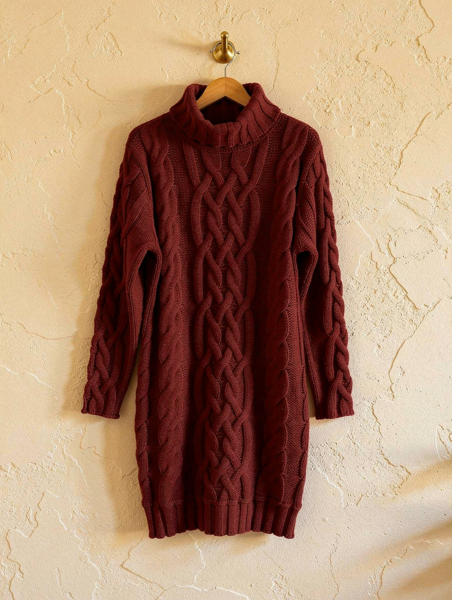 Wine red cable-knit roll-neck jumper dress on a wooden hanger