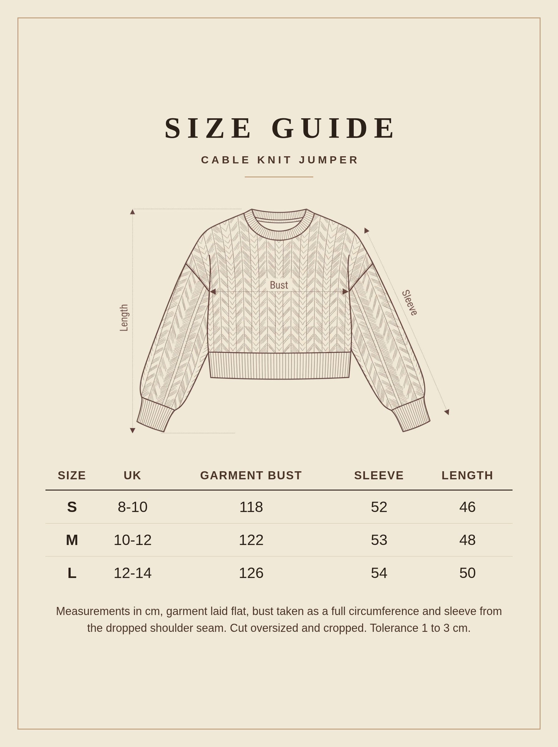 Size guide for the Harlbury cable knit jumper, UK 8 to 14