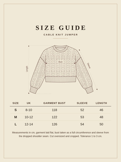 Size guide for the Harlbury cable knit jumper, UK 8 to 14