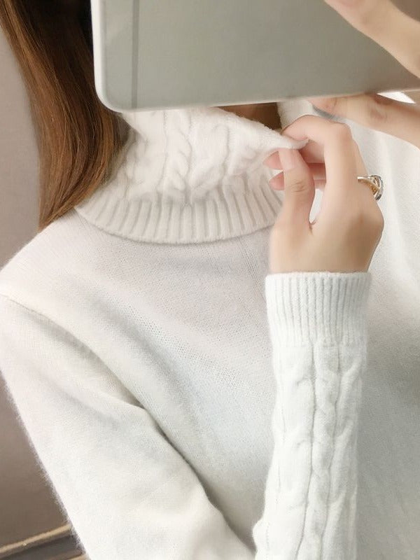 Cable knit roll neck jumper in Cream, folded cabled collar and cable sleeve