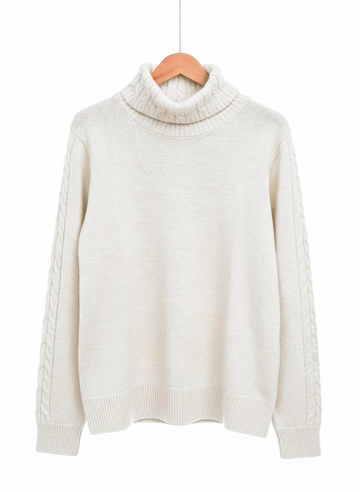 Cable knit roll neck jumper in Cream on a hanger, cabled collar and plain body