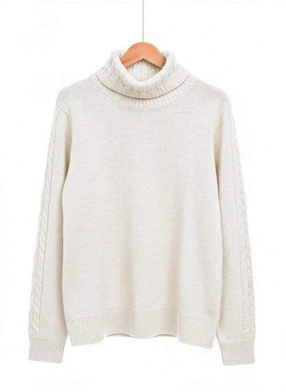 Cable knit roll neck jumper in Cream on a hanger, cabled collar and plain body