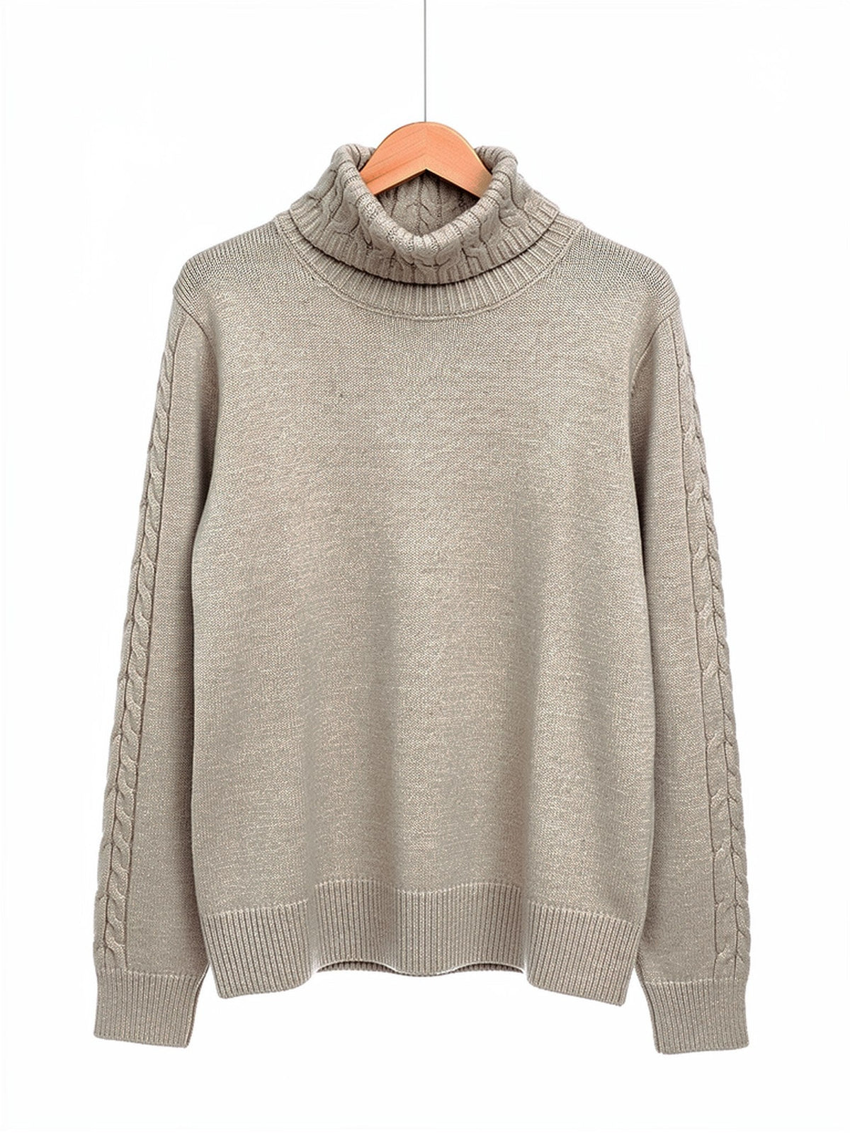 Cable knit roll neck jumper in Fawn on a hanger, cabled collar and plain body