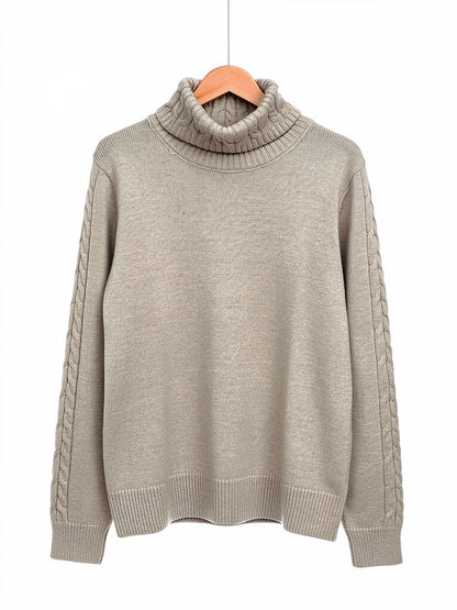 Cable knit roll neck jumper in Fawn on a hanger, cabled collar and plain body