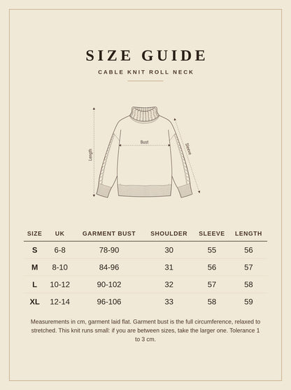 Size guide for the Ebrington cable knit roll neck jumper, UK 6 to 14