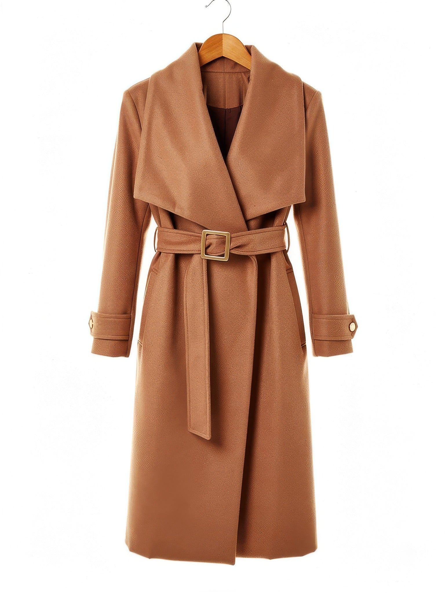 Camel belted longline wrap coat on a hanger, front view with its squared gold tone buckle