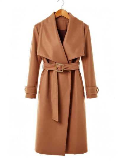 Camel belted longline wrap coat on a hanger, front view with its squared gold tone buckle