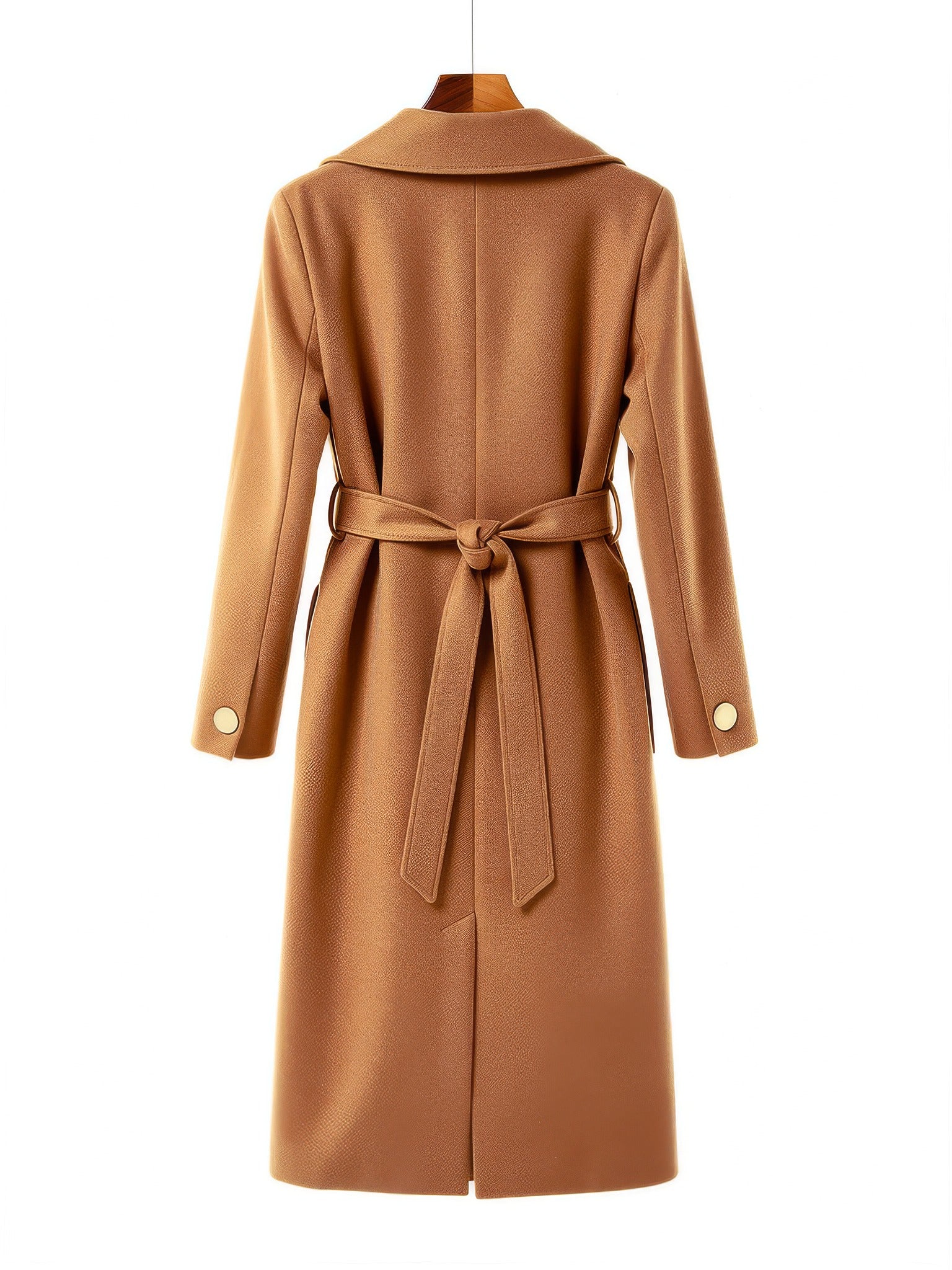 Camel belted longline wrap coat on a hanger, back view with the tied belt and centre vent