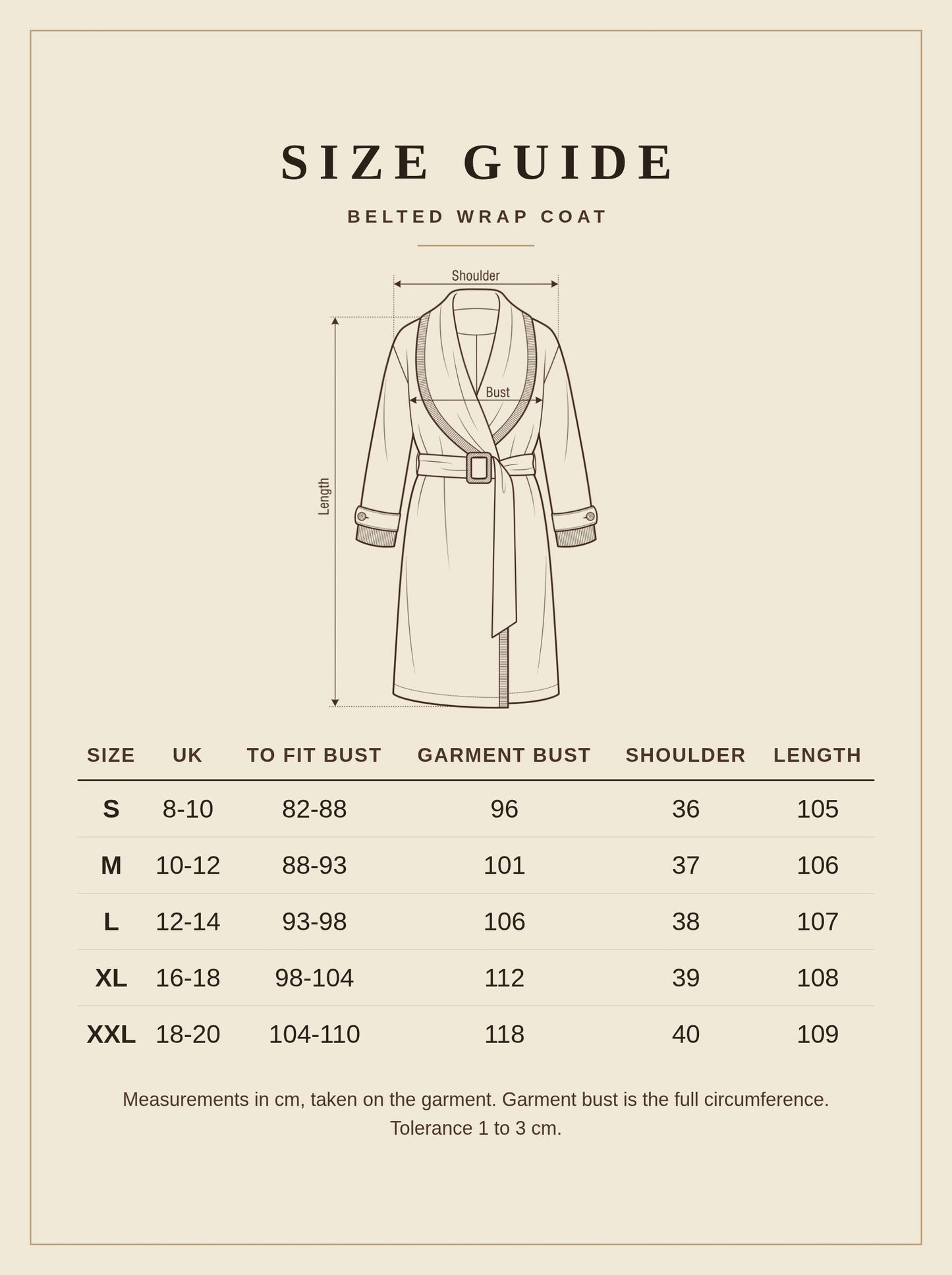 Size guide for the Netherby camel belted longline wrap coat, sizes S to XXL in centimetres