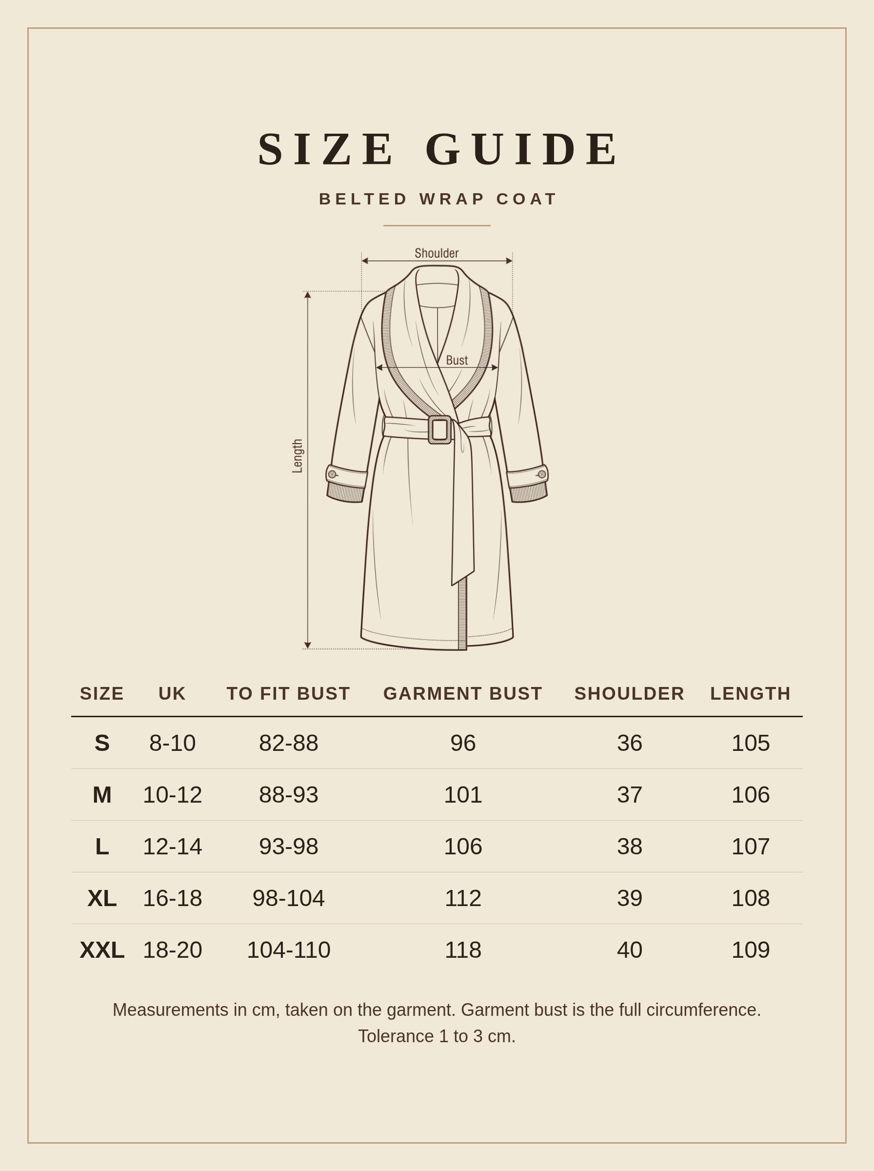 Size guide for the Netherby camel belted longline wrap coat, sizes S to XXL in centimetres