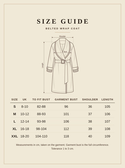 Size guide for the Netherby camel belted longline wrap coat, sizes S to XXL in centimetres