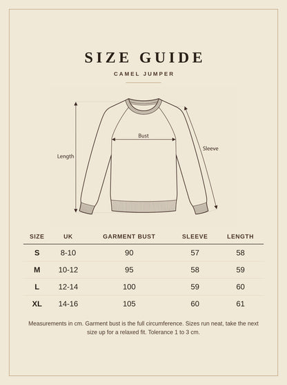 Size guide for the Avington camel jumper, sizes S to XL