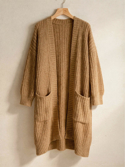 Camel longline open front chunky rib cardigan on a hanger
