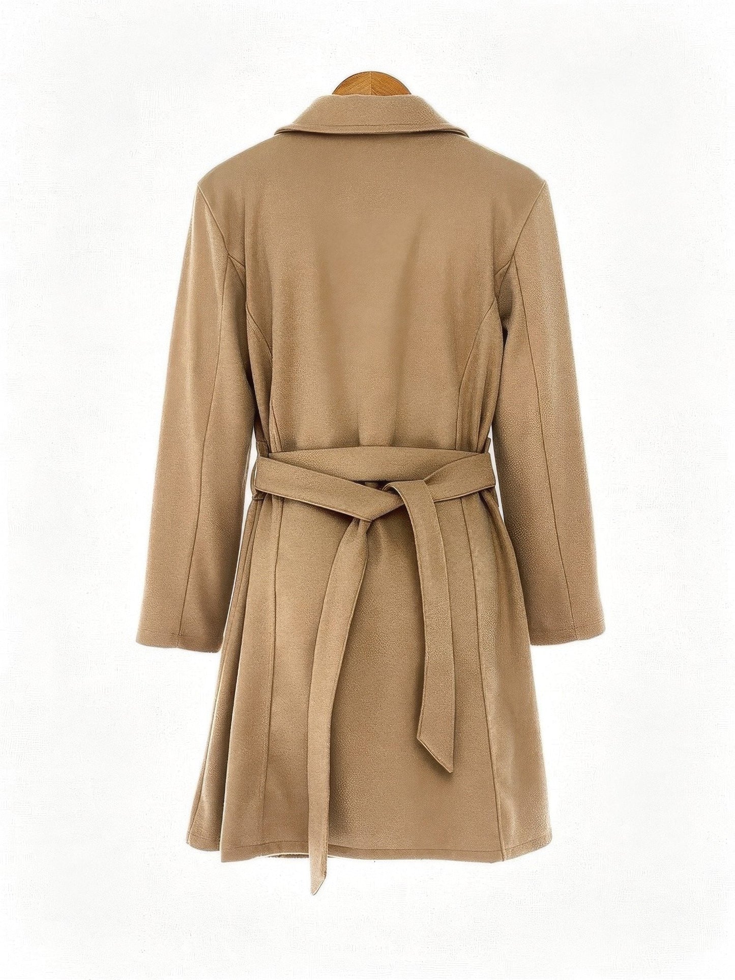 Camel overcoat in Caramel, back view with the self tie belt knotted at the back