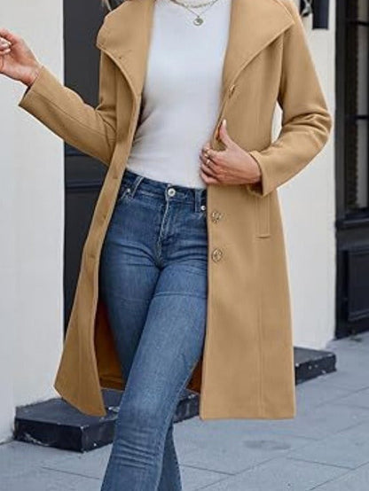 Camel overcoat collar, button placket and patch pocket seen close up